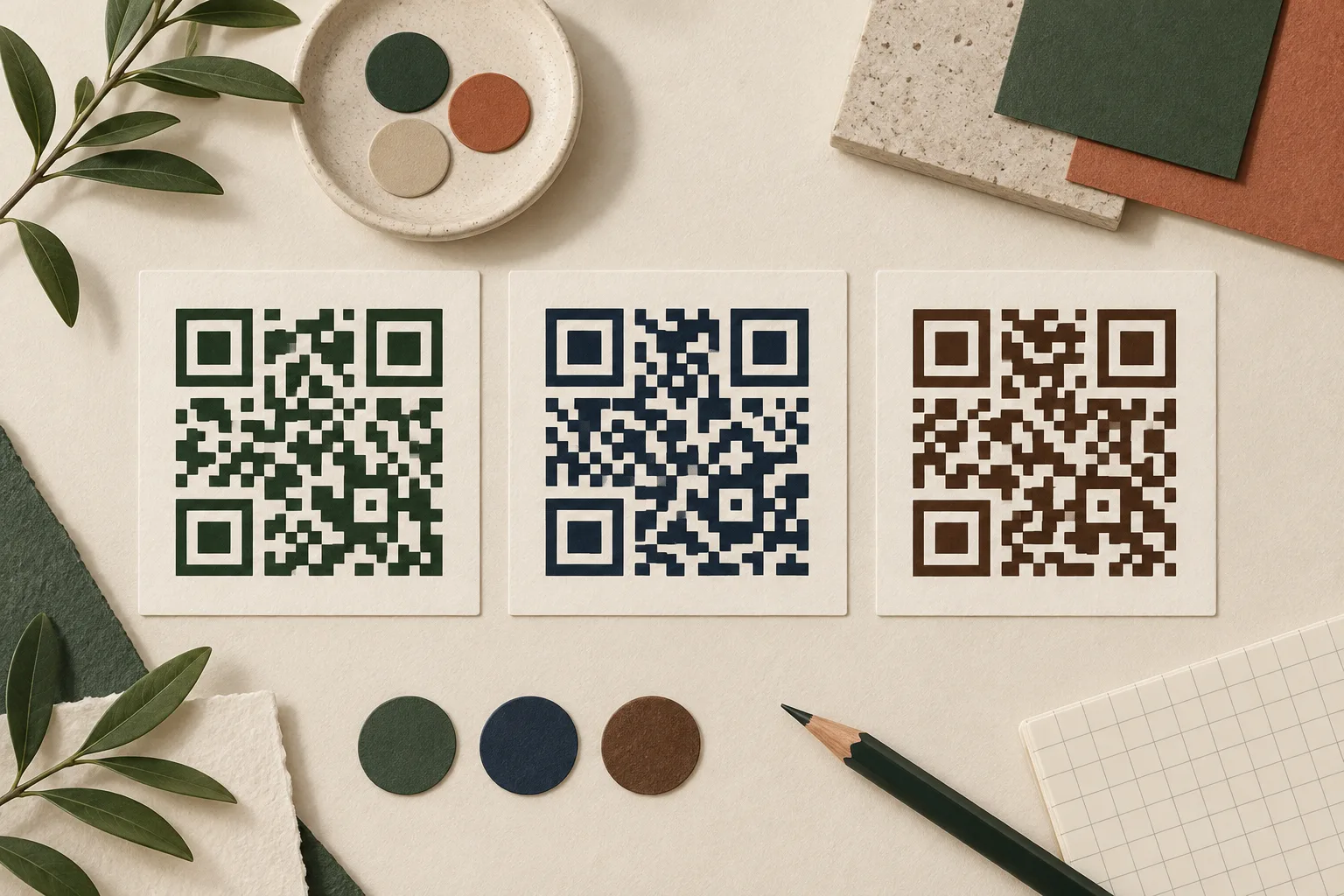 디자인 팁 주제를 표현한 녹색과 크림색의 QR 일러스트